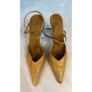 Nine West Snakeskin Criss Cross Ankle Strap Pointed Toe Heels Tan Size 9.5